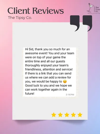A duplicate of ID 123, this review thanks us for an "awesome event" and praises our team's friendliness, attention, and service. We are always happy to hear that our guests thoroughly enjoyed their experience.