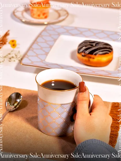 A moment of indulgence with my Anardana collection dinnerware. The elegant lavender and gold pattern on the mug and plates adds a touch of luxury to your daily coffee break, making it a small but beautiful ritual.