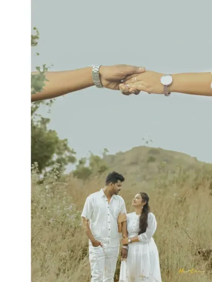 A creative composition with a close-up of the couple holding hands, layered over a portrait of them in a beautiful field. It symbolizes their connection and journey.