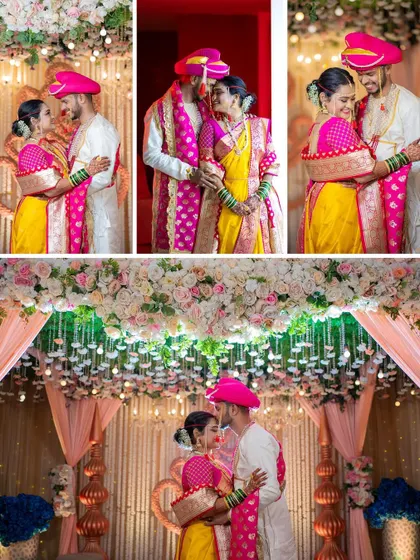 A beautiful composition showing the couple under an elaborate floral canopy, capturing the romance and grandeur of their Maharashtrian wedding stage.