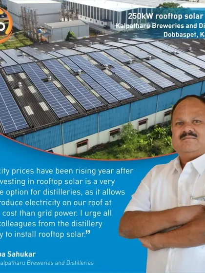 Kalpatharu Breweries and Distilleries invested in a 250-kilowatt rooftop system to combat rising electricity prices. The director urges his colleagues in the distillery industry to do the same.