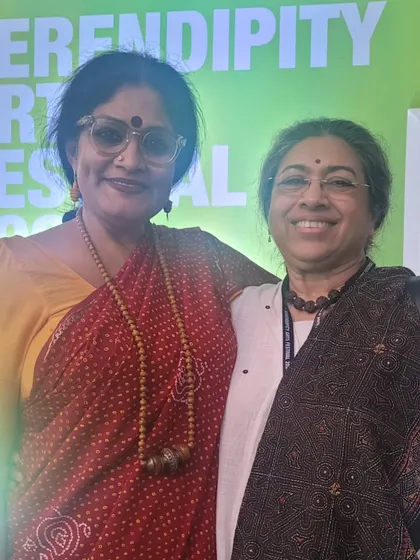 With a fellow art enthusiast at the Serendipity Arts Festival. Festivals are a wonderful place to connect with other rasikas.