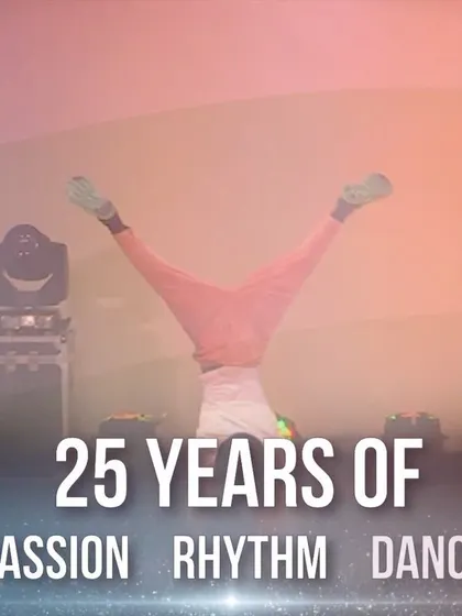A duplicate image celebrating 25 years of dance, highlighting a powerful breakdance move under the stage lights.