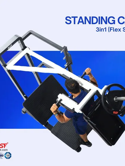 An overhead view of the standing calf raise setup on our versatile 3-in-1 leg machine.