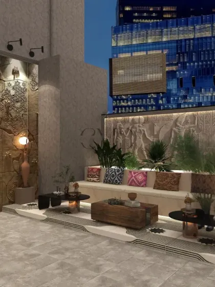 Another view of the sunken seating area, perfect for large gatherings and enjoying the city skyline.