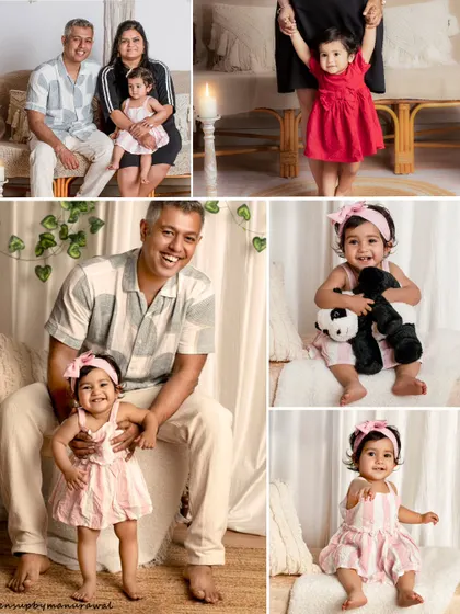 A vibrant collage showcasing a family's love and laughter during a studio session, featuring group portraits, parent-child moments, and adorable solo shots of their toddler.