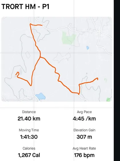 Here are the stats from my TRORT half marathon win. You can see the distance, pace, elevation gain, and heart rate data. I use this kind of data to analyze performance and refine training and nutrition plans for myself and my clients.