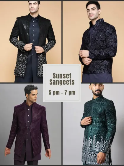 Your foolproof guide to dressing for the time of day. For sunset sangeets (5-7 pm), go for deep colors with subtle bling.