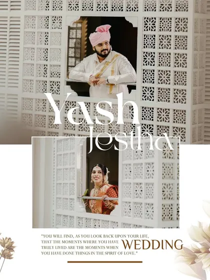 A creative collage showing the bride and groom looking out from separate windows, symbolizing their individual journeys coming together.