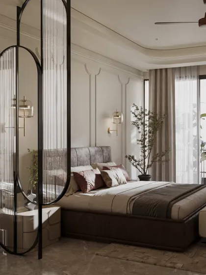 A sleek fluted glass partition provides a sense of entry and privacy in this master bedroom. The design uses a neutral palette of warm browns and soft beiges, with delicate wall paneling adding a touch of quiet sophistication.
