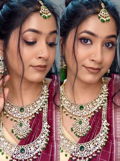 A beautiful bridal look featuring a neutral eye makeup and a heavy green kundan jewelry set. This shows how you can let your jewelry be the star of the show.