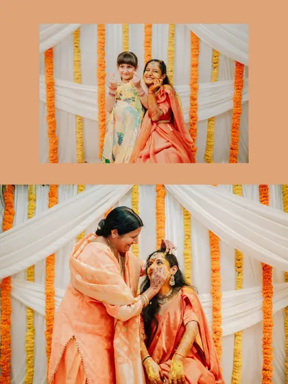 A collage of sweet moments from a Haldi ceremony, showing the bride being lovingly smeared with turmeric by her family.