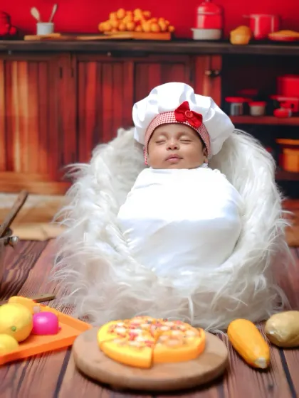 Welcome the little chef! This is an example of one of my creative newborn themes, where I bring a complete, safe, and adorable kitchen setup right to your home. It's a playful way to capture your newborn's first professional photos.
