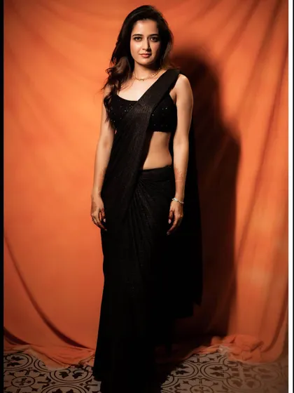 Actress Ashika Ranganath looks stunning in this sleek black saree gown. It's a pre-stitched drape that offers a perfect silhouette every time, paired with a simple sequined blouse for a chic and modern party look.