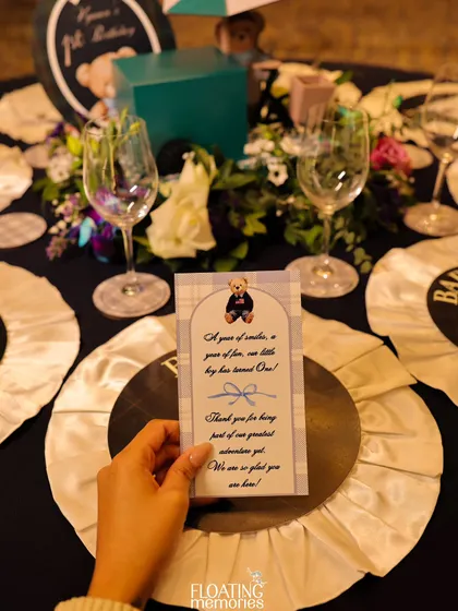 We believe in personal touches. Each place setting included a heartfelt thank you note from the hosts, presented on a custom-designed card that matched the elegant polo and teddy bear theme.