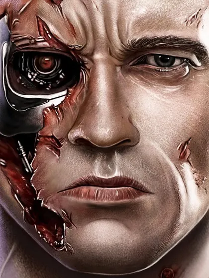 A close-up view of the Terminator portrait. You can see the intense detail in both the human eye and the exposed robotic eye, as well as the torn skin and muscle tissue I painted to create a convincing battle-damaged look.