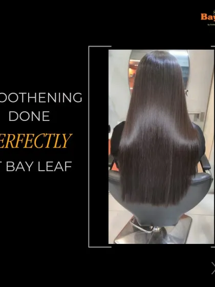 This image captures the essence of a perfect hair smoothening treatment. The result is glossy, straight, and perfectly smooth hair, done right here at Bay Leaf.