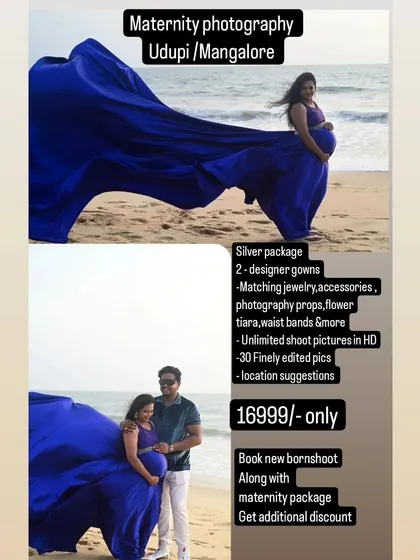 I also offer maternity photography packages in Udupi and Mangalore. This 'Silver Package' includes 2 designer gowns, accessories, and 30 edited pictures for your beach photoshoot.