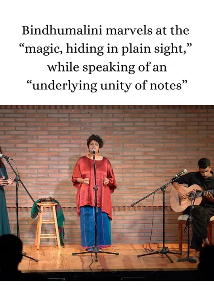 Bindhumalini and her collaborators during the 'Many Moons' performance. She spoke of the "magic, hiding in plain sight," and the "underlying unity of notes" that connects different musical forms.