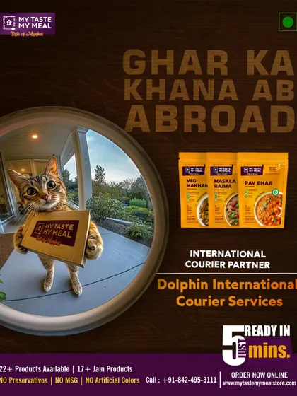 Ghar ka khana ab abroad. With our international courier partner, we can send your favorite meals like Veg Makhanwala, Masala Rajma, and Pav Bhaji anywhere in the world.