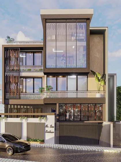 The facade is detailed with decorative wooden louvers and glass railings, which provide privacy while adding a dynamic aesthetic. The neutral color palette is complemented by lush greenery on the balconies.