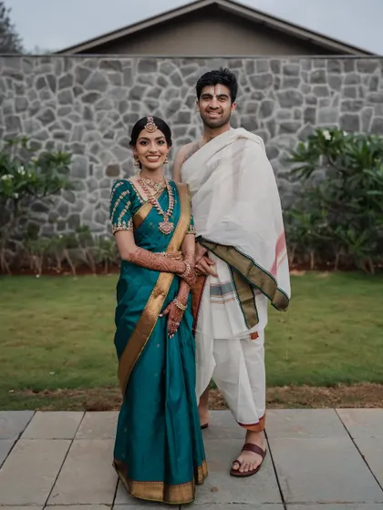 A classic portrait of the bride and groom in their traditional South Indian wedding attire. We ensure you get those timeless shots that beautifully represent your heritage and your union.