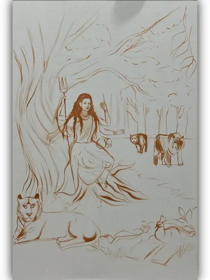 The initial sketch for the large Durga oil painting, showing the foundation of the final piece.
