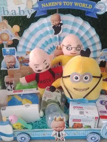 'Naren's Toy World', featuring popular characters like Motu and a Minion, along with other baby toys.