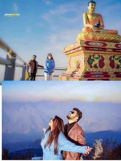 A collage showing a couple at a mountain viewpoint with a large Buddha statue, and another shot of them enjoying the panoramic sunset view.