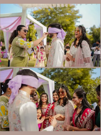Fun and games are a big part of pre-wedding ceremonies. This collage captures a playful moment from Rishabh and Priya's Mehendi, where the blindfolded groom has to find his bride.