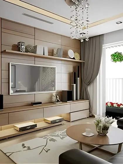 A contemporary living room design featuring a wooden media wall with vertical slats and integrated speakers. The large sectional sofa and balcony access create an inviting atmosphere.