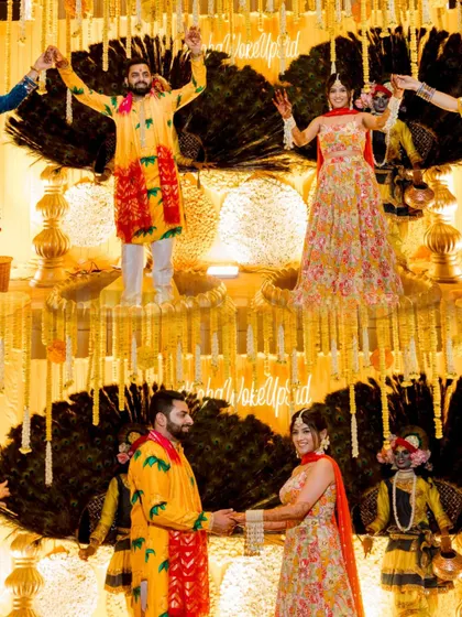 A collage of the couple on their Haldi stage, capturing both their celebratory and romantic moments.