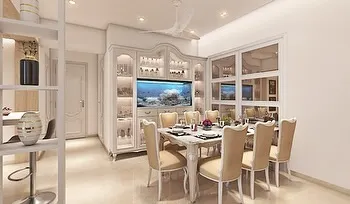 I love bringing a touch of timeless elegance to modern homes. This dining area features a vintage-style display and dining set, complete with a stunning built-in aquarium that becomes a living piece of art.