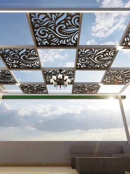 A stunning 3D render of a pergola with intricate CNC panels set against a clear sky, illustrating the dramatic and elegant effect of our custom designs.