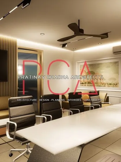 A 3D render of the conference room in the Hari Mandir office, showing the integration of traditional artwork within a modern corporate setting.