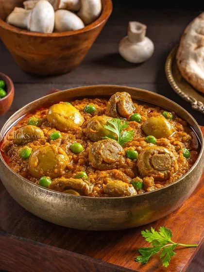 A hearty bowl of Mushroom Matar Masala, styled with fresh peas and naan bread for a rustic and appealing look.