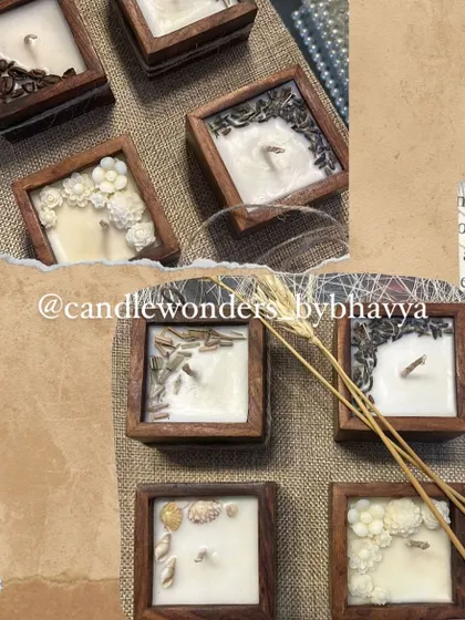 A collection of my wooden square candles, showing the variety of toppings available, from coffee beans to dried flowers and seashells.