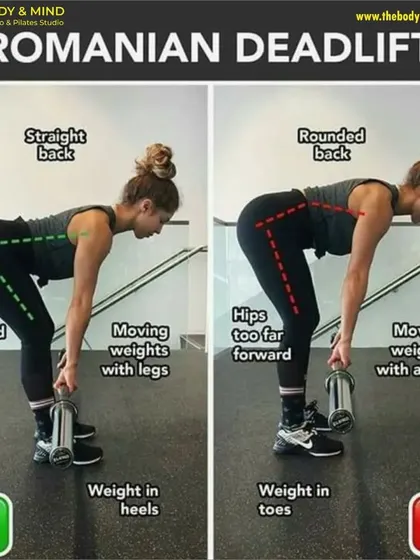 This image shows the correct and incorrect form for a Romanian Deadlift. A neutral spine is crucial to protect the lower back, while the movement should be initiated by pushing the hips back, not by rounding the spine.