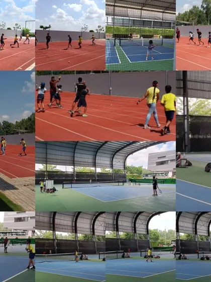 A collage showcasing the variety of activities at our academy, from on-court drills to track and field conditioning, open to all age groups.
