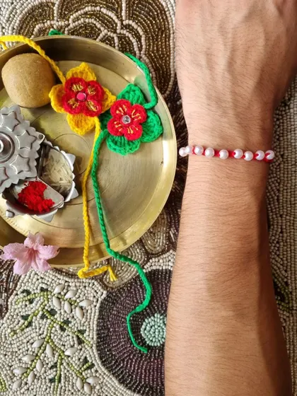 A glimpse of our Rakhi celebration, featuring our handmade floral rakhis. They are lightweight and comfortable to wear all day.