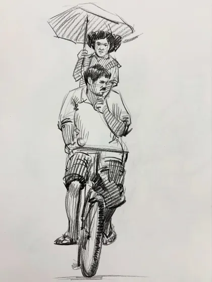 A charming sketch of a father and child on a bicycle, a study in capturing relationships and storytelling in a single drawing.
