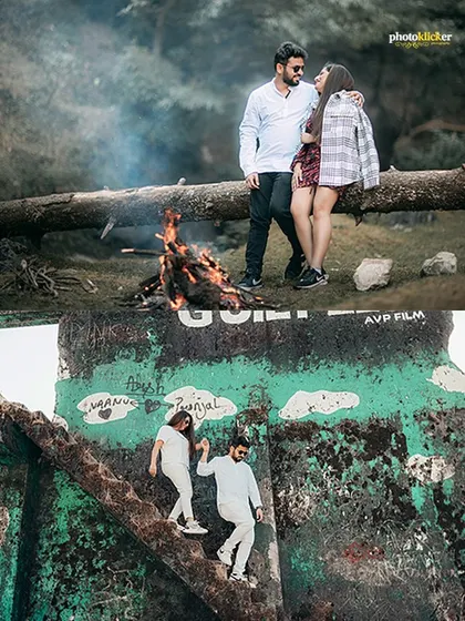 A collage showing a couple enjoying a bonfire in the woods and exploring a rustic, moss-covered structure, showcasing a mix of adventure and romance.