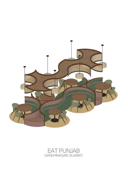 **Eat Punjab, Gandhinagar:** This isometric drawing shows our design for the Gandhinagar outlet, featuring curving booth seating and integrated ceiling elements. The design creates intimate dining pods while maintaining a sense of communal energy, with cane and wood adding warmth.