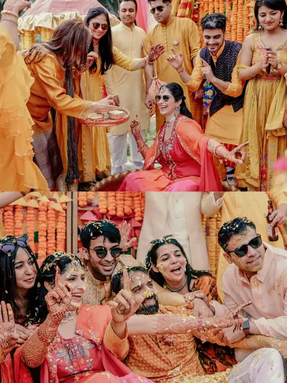 A collage of the fun and messy moments of a Haldi ceremony, with friends and family all joining in.