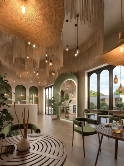Another angle of the "Cozy Cafe," highlighting the comfortable green velvet chairs and wooden tables. The design is perfect for creating a relaxing and inviting spot for customers.