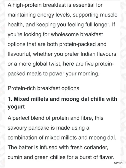 One of my top suggestions was a mixed millets and moong dal chila with yogurt, a perfect blend of protein and fiber.
