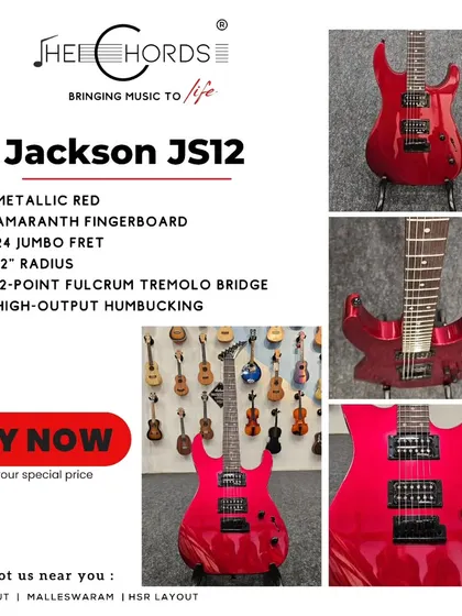 An overview of the Jackson JS12 in Metallic Red. This graphic highlights its key features, including the amaranth fingerboard and high-output humbucking pickups, making it a swift and affordable rock guitar.