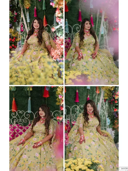 A series of artistic and candid shots of the bride and groom, showcasing their outfits and the beautiful outdoor venue.