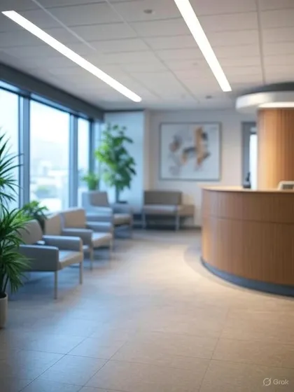 A softly lit image of a clinic reception area, focusing on the curved wooden desk and comfortable waiting chairs. The out-of-focus background suggests a calm and professional environment.