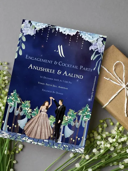 An engagement and cocktail party invitation that is pure enchantment. The design features a couple dancing under a starry night sky, framed by beautiful florals, creating a dreamy and magical atmosphere.